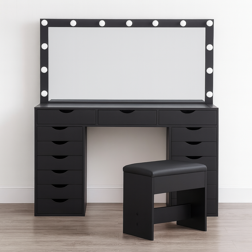 55” Vanity Desk w/ 3 Color Lighting Modes & 15 Drawers