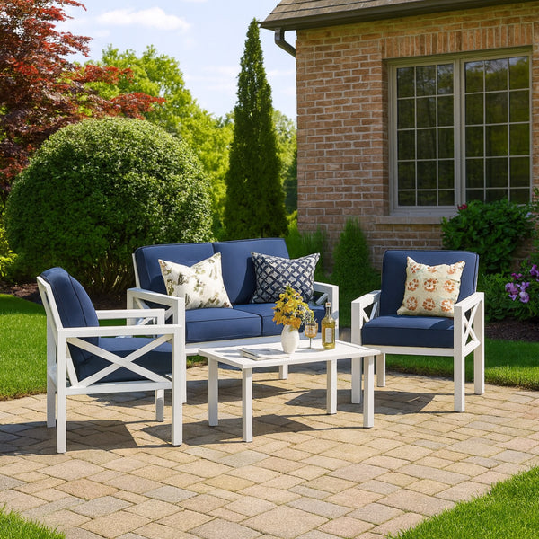 4-Piece Outdoor Patio Furniture Set w/ Thick Cushion & Low Table