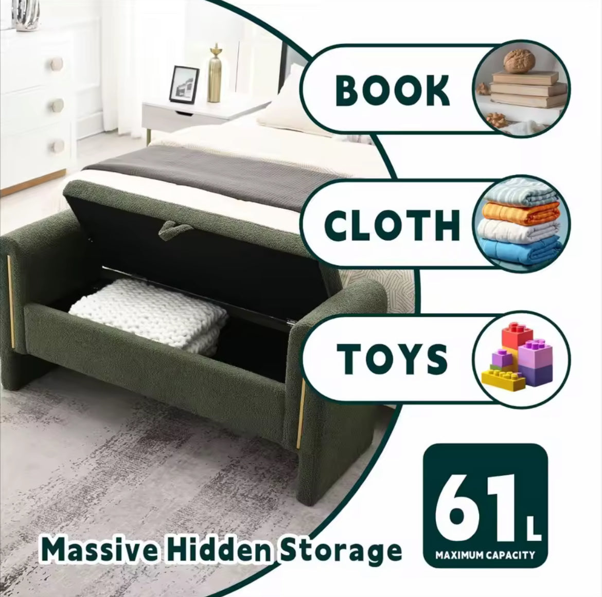 52" Modern Storage Bench w/ Armrests