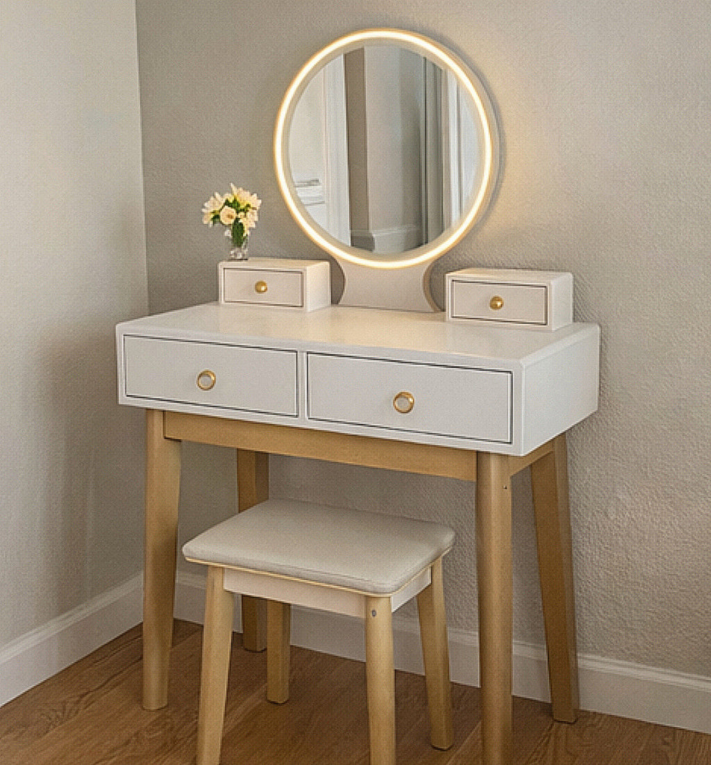 31” Vanity Desk w/ LED Mirror & Comfy Stool