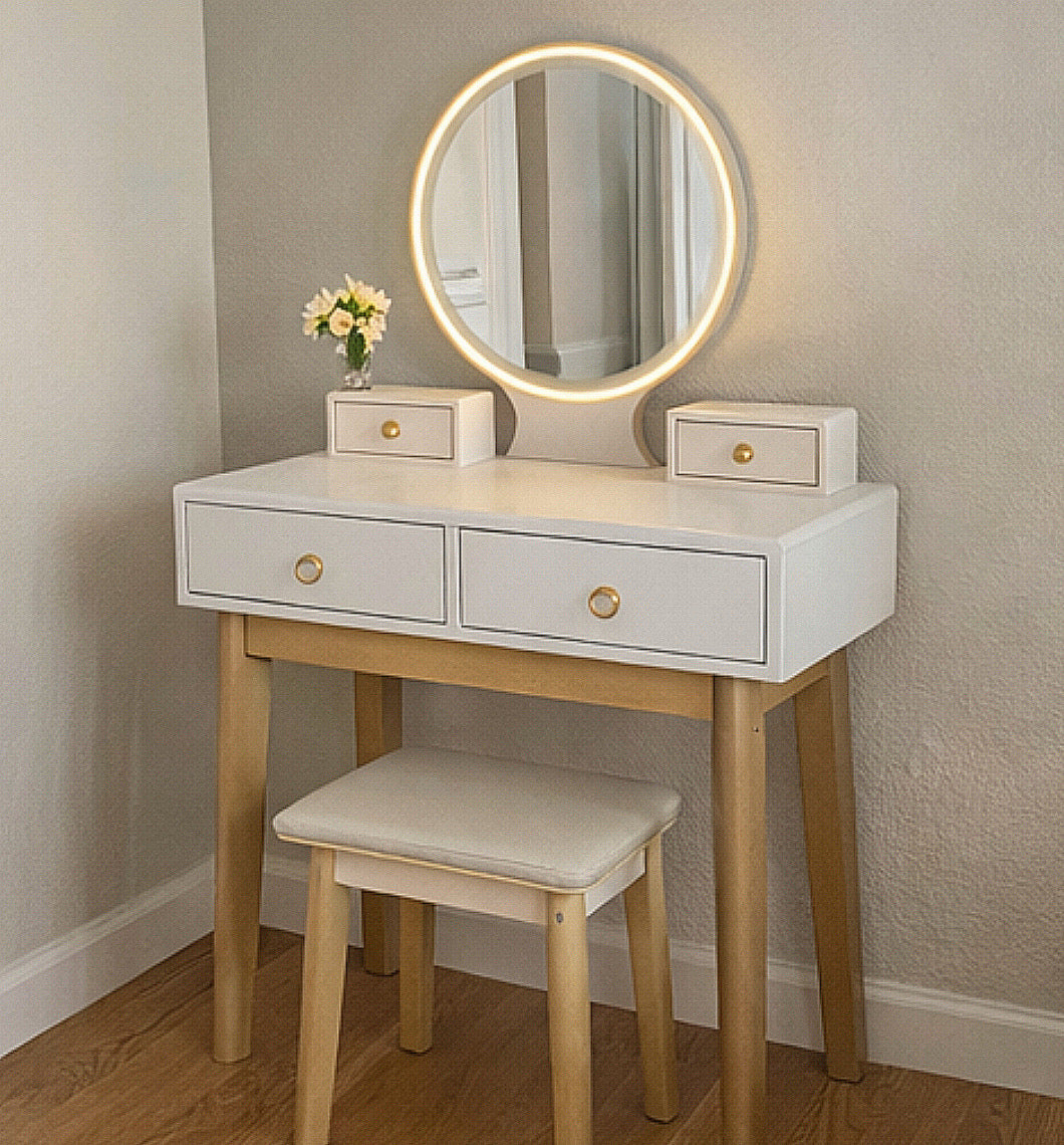 31” Vanity Desk w/ LED Mirror & Comfy Stool