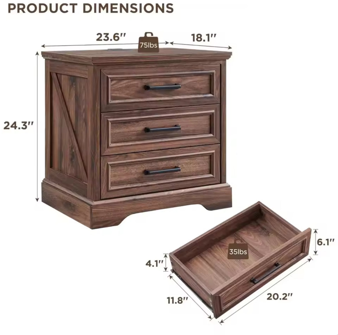 Farmhouse Nightstand w/ Charging Station & 3 Large Drawers