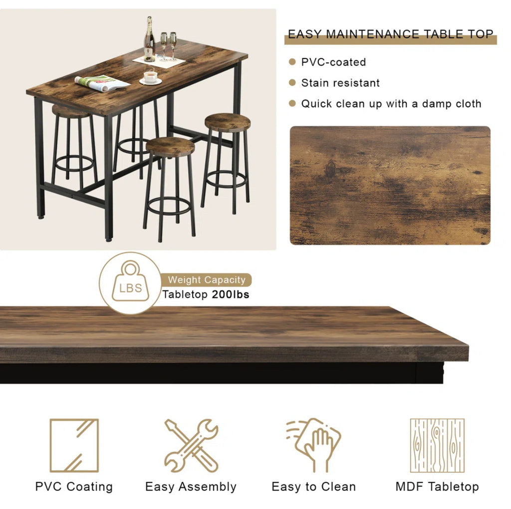 5-Piece Industrial Dining Table Set w/ 4 Stools