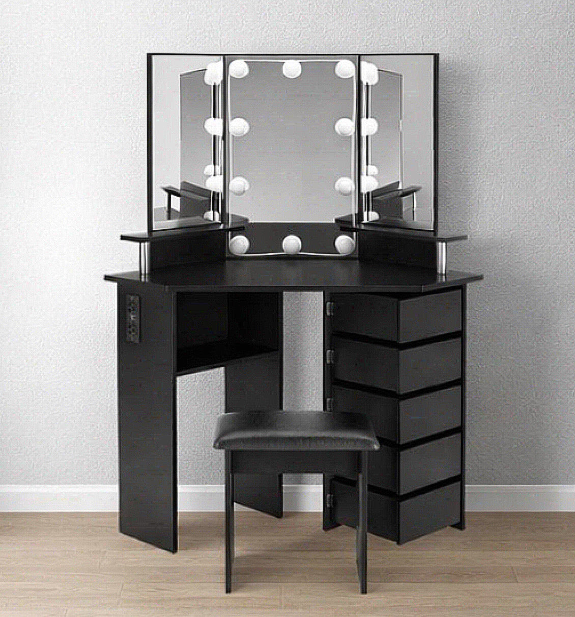 Tri-Fold Vanity Set w/ 5 Rotating Drawers and Outlets