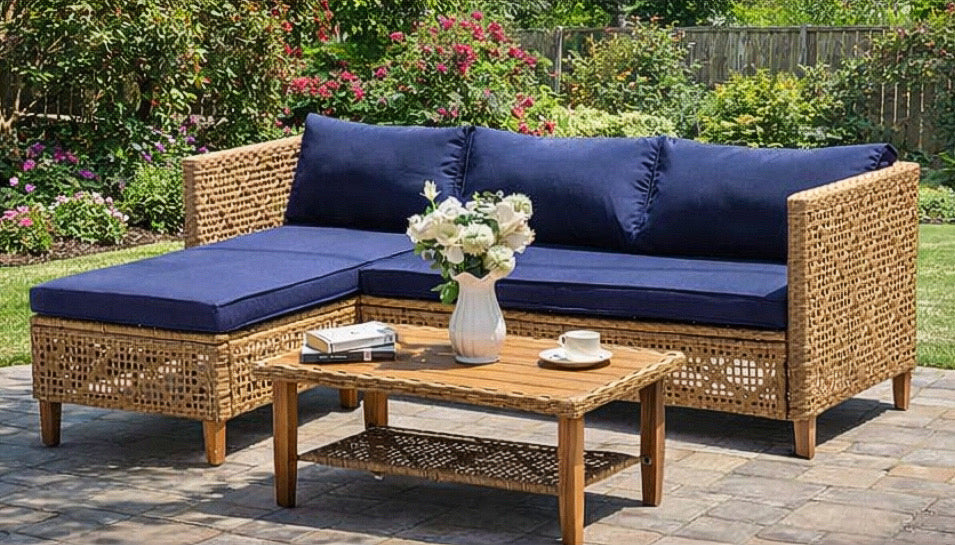 Wicker Patio Set w/ Wooden Coffee Table
