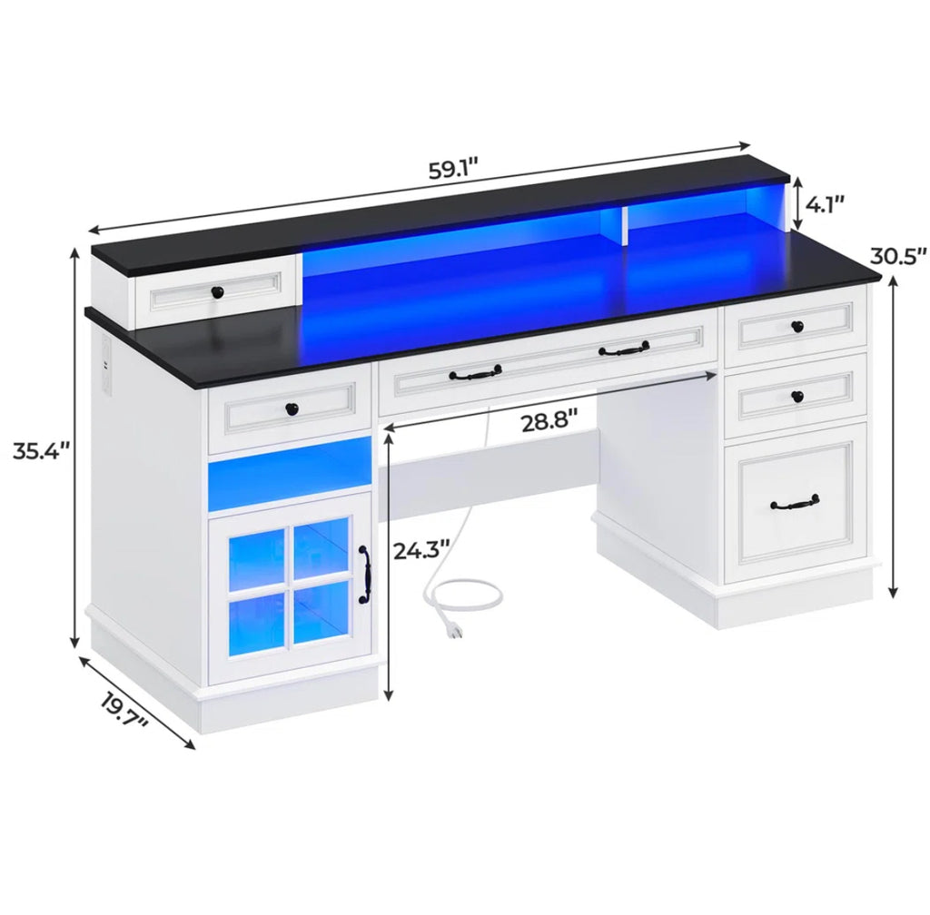 59” Computer Desk w/ 5 Drawers & Charging Station