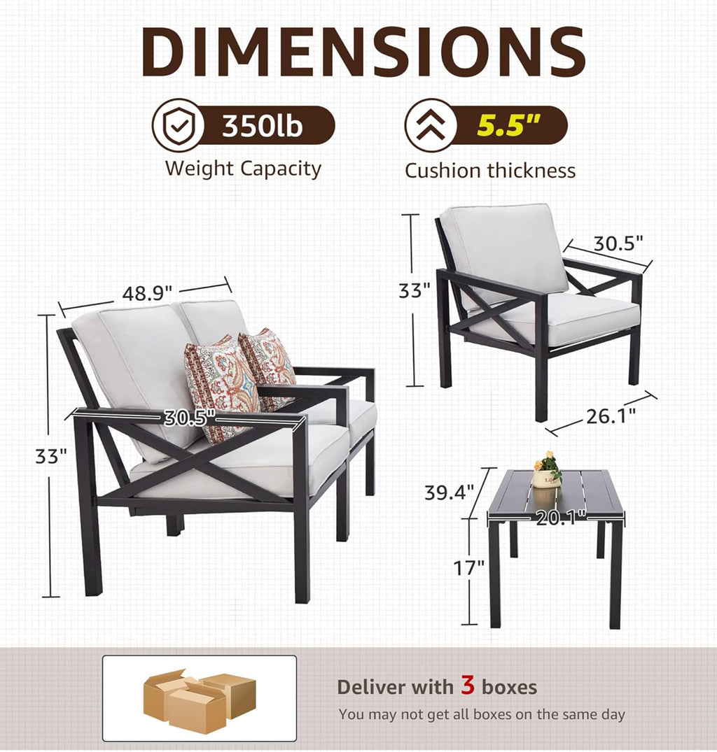 4-Piece Outdoor Patio Furniture Set w/ Thick Cushion & Low Table
