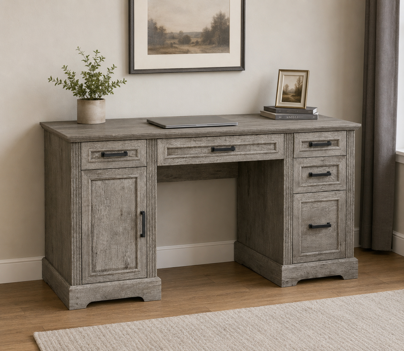 58" Farmhouse Executive Desk w/ Drawers & Power Outlets