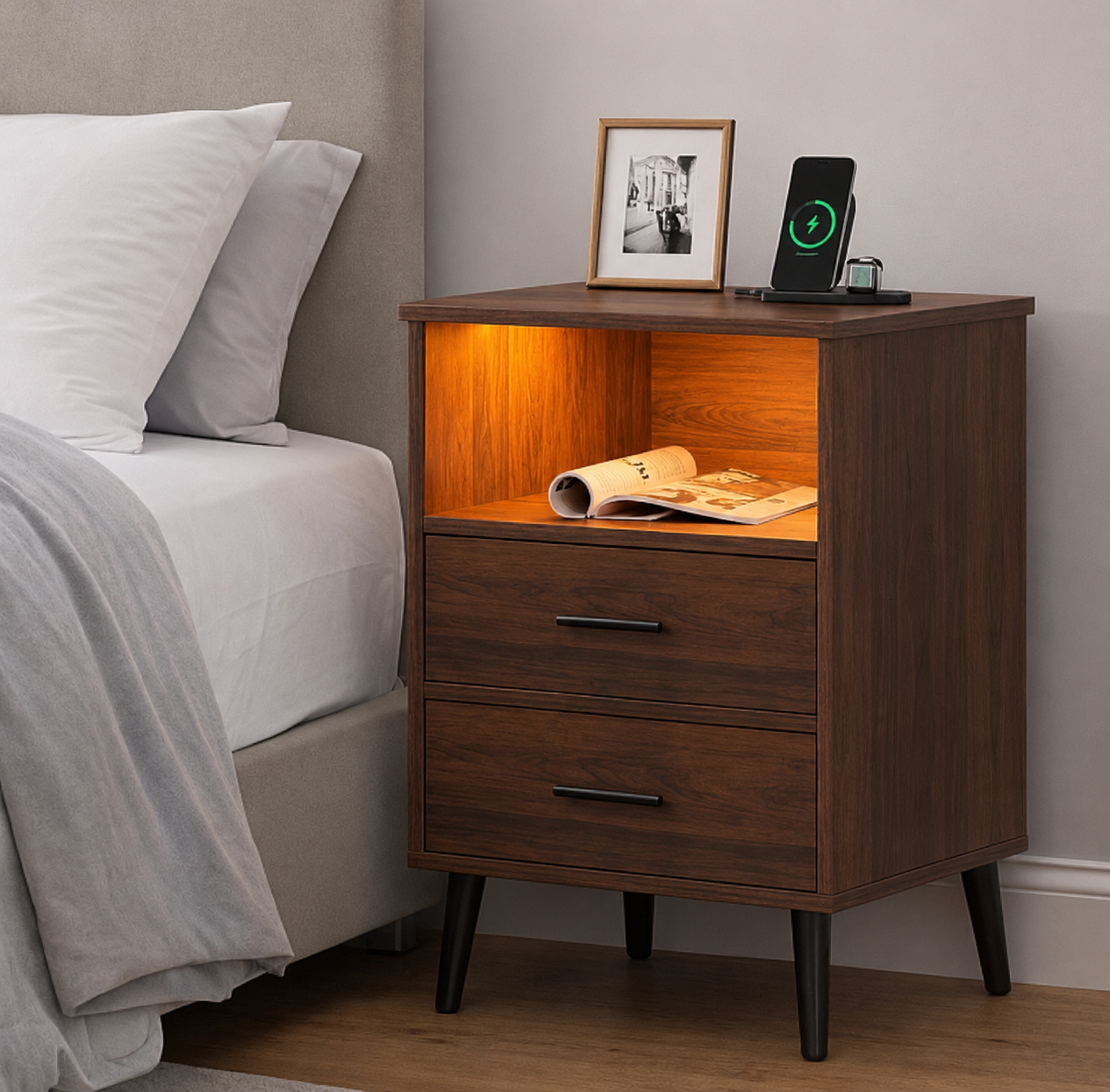 LED Nightstand w/ Charging Station
