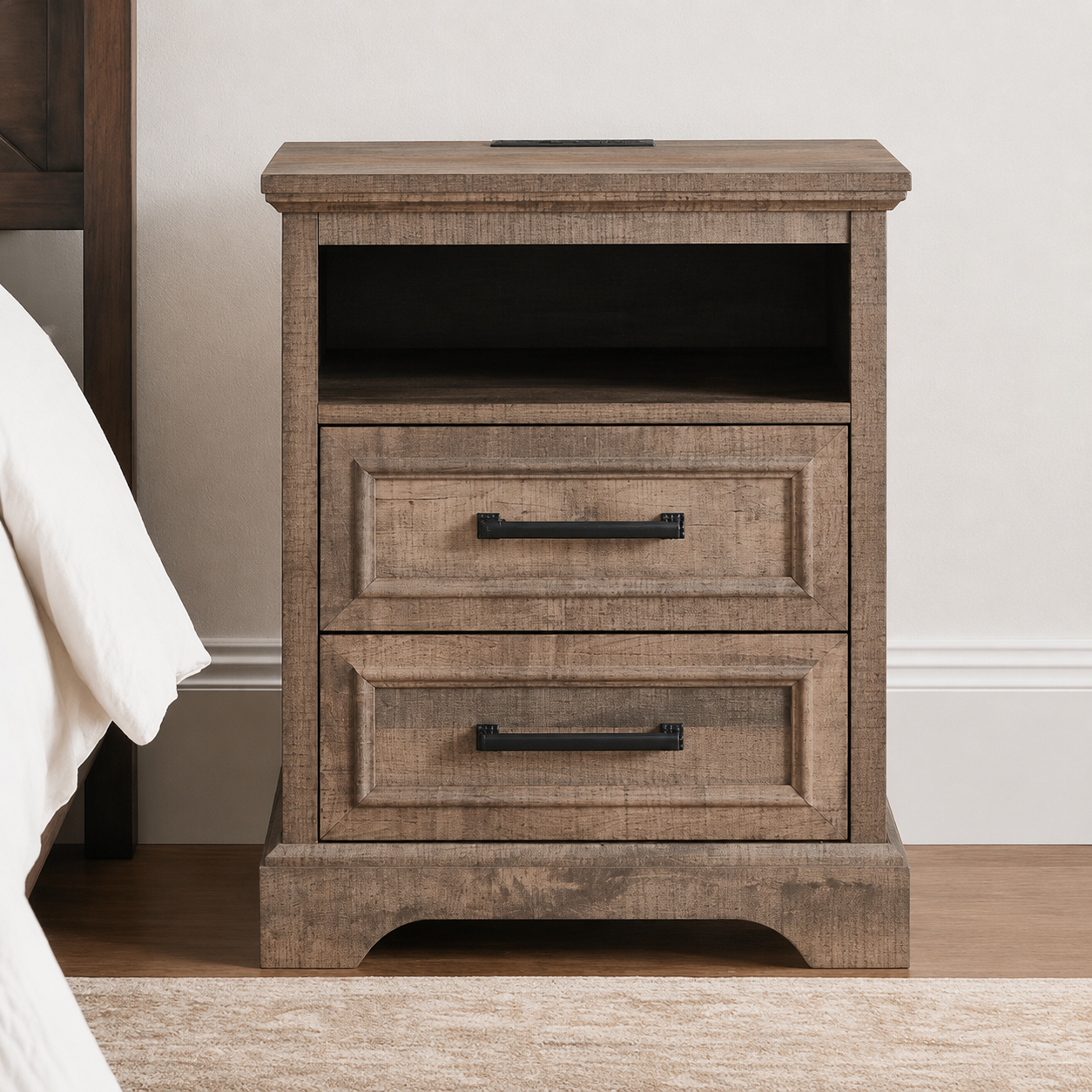 2-Drawer Farmhouse Nightstand w/ Charging Station