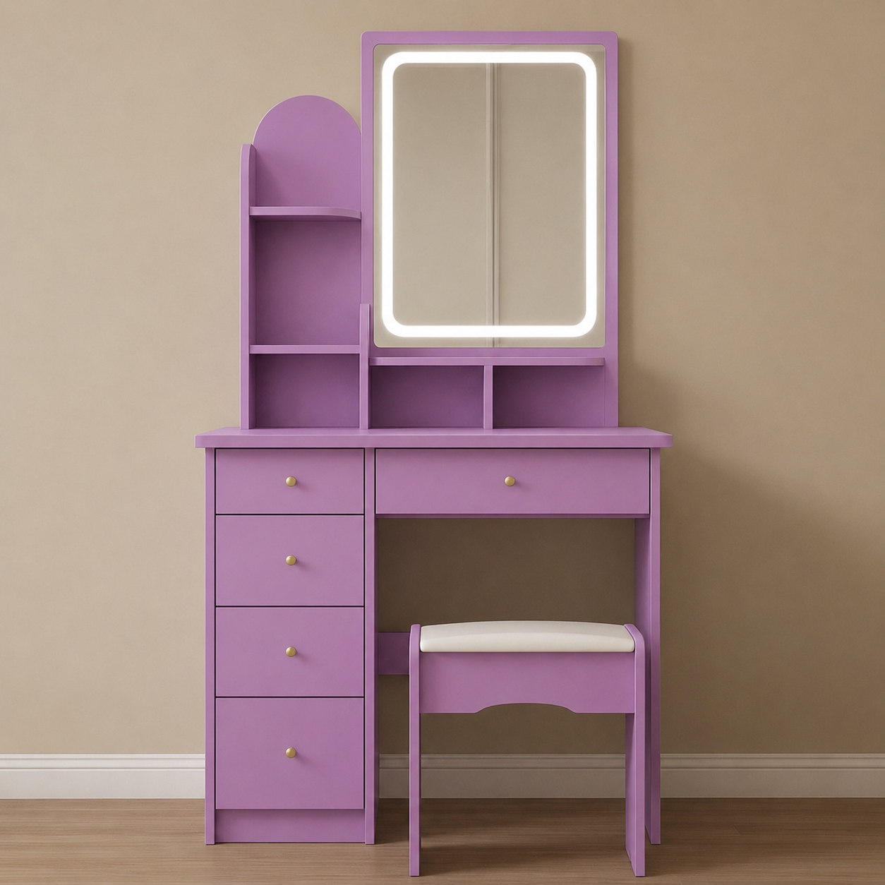 31” Vanity Desk w/ 5 Drawers, Side Storage & Cushioned Stool