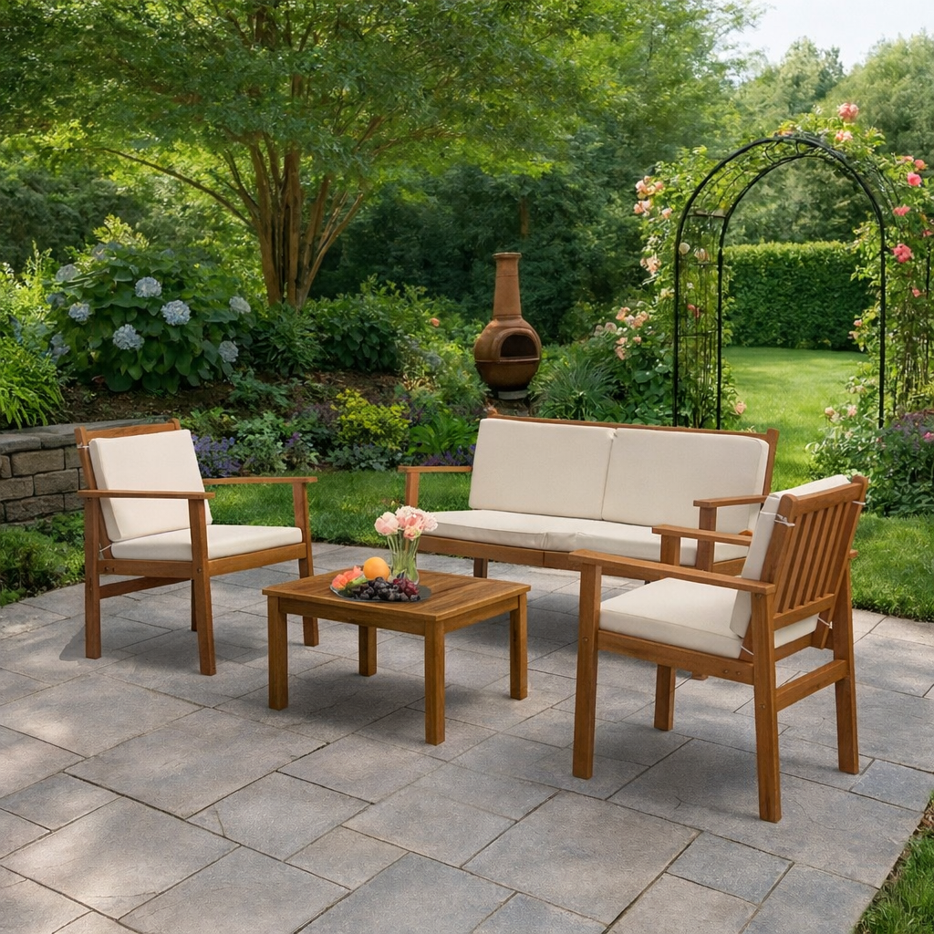 4-Pieces Outdoor Acacia Wood Conversation Sets w/ Cushions
